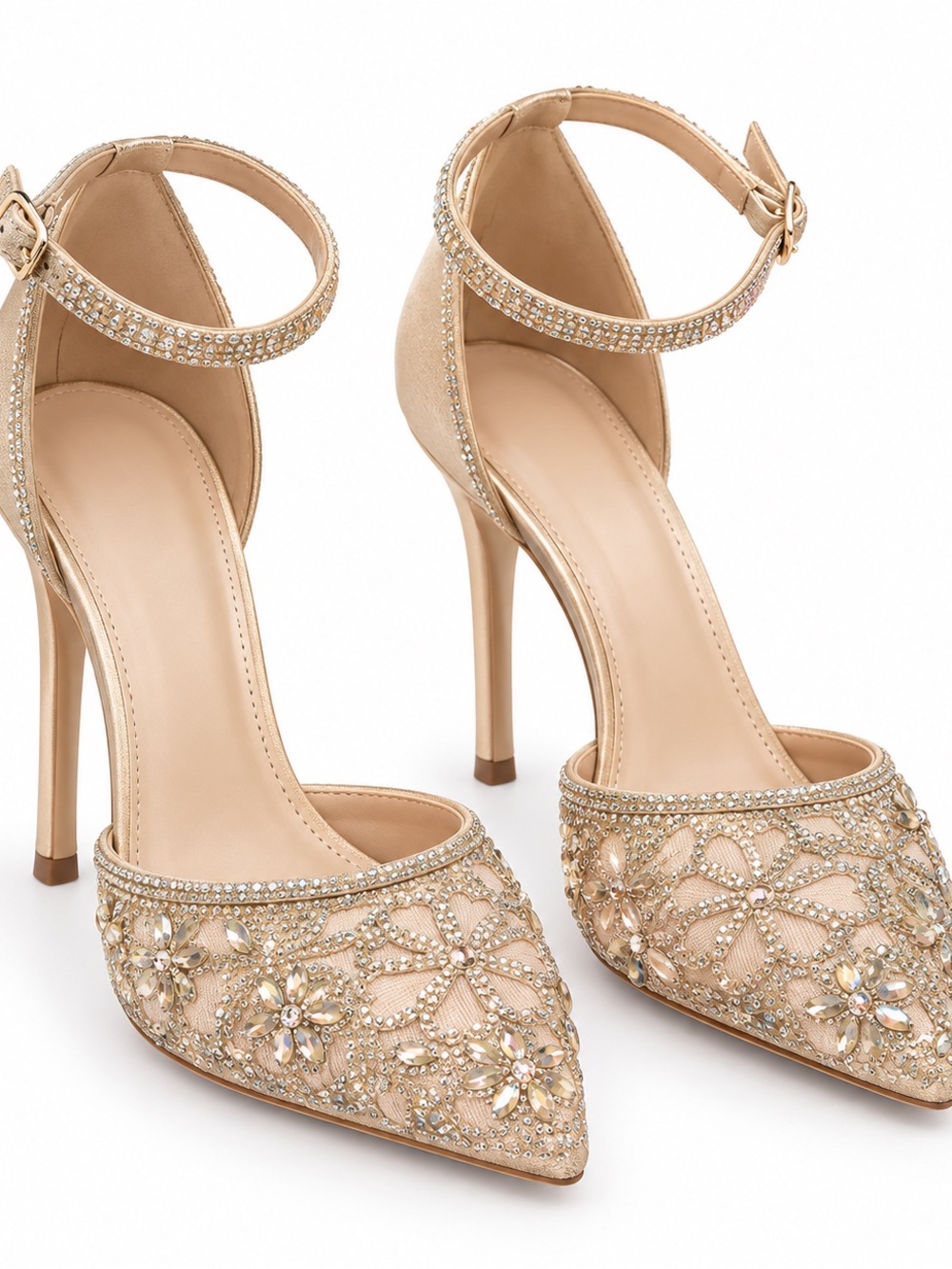 Crystal-Embellished Nude Ankle-Strap Stiletto Heels